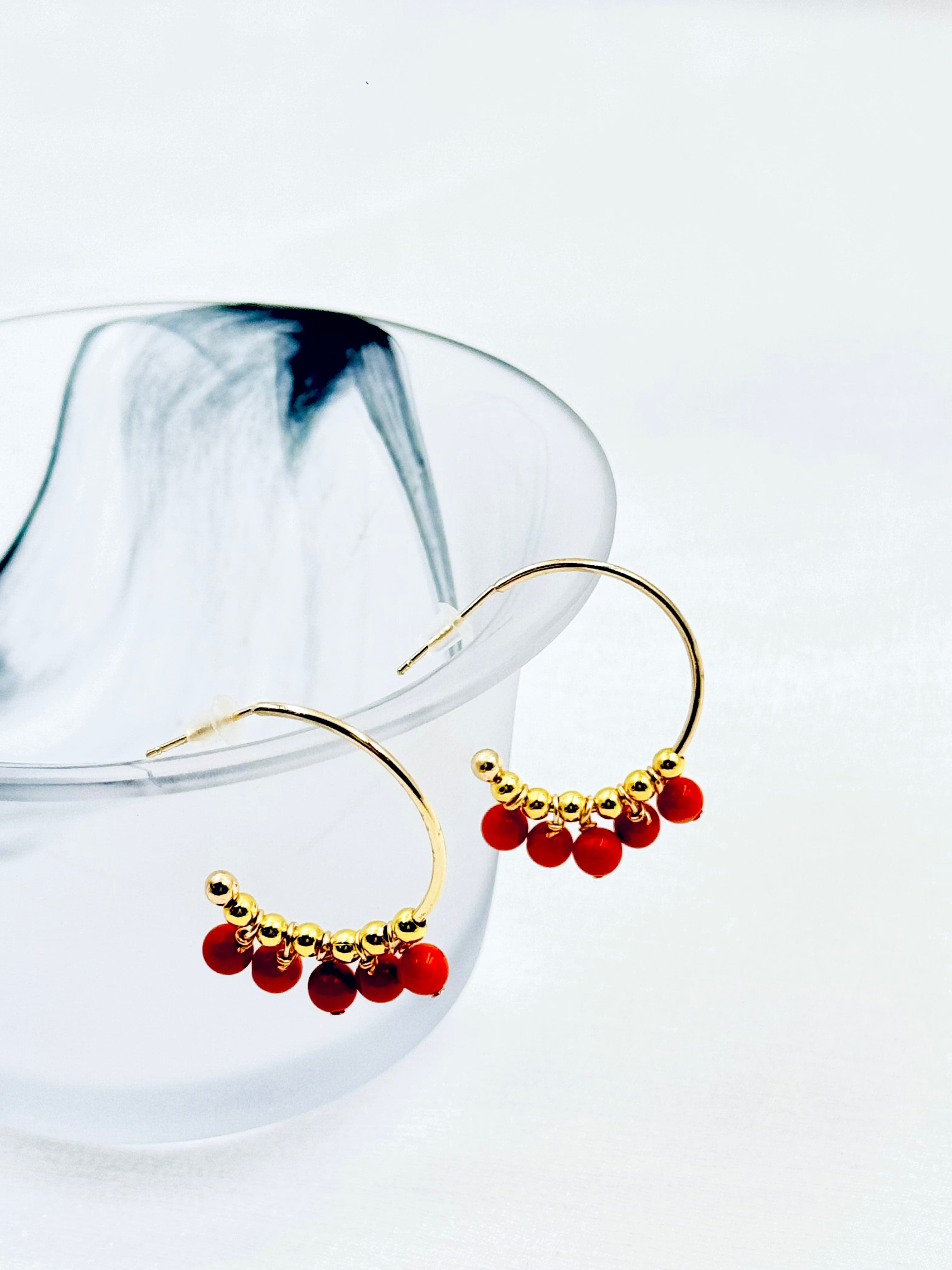Gold Hoop Earrings with Red Beads